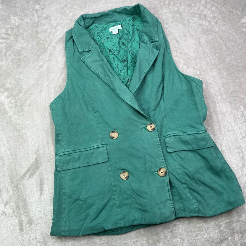 Sundance Double Breasted Vest Womens Medium Green Lyocell Blend Lined Pocket